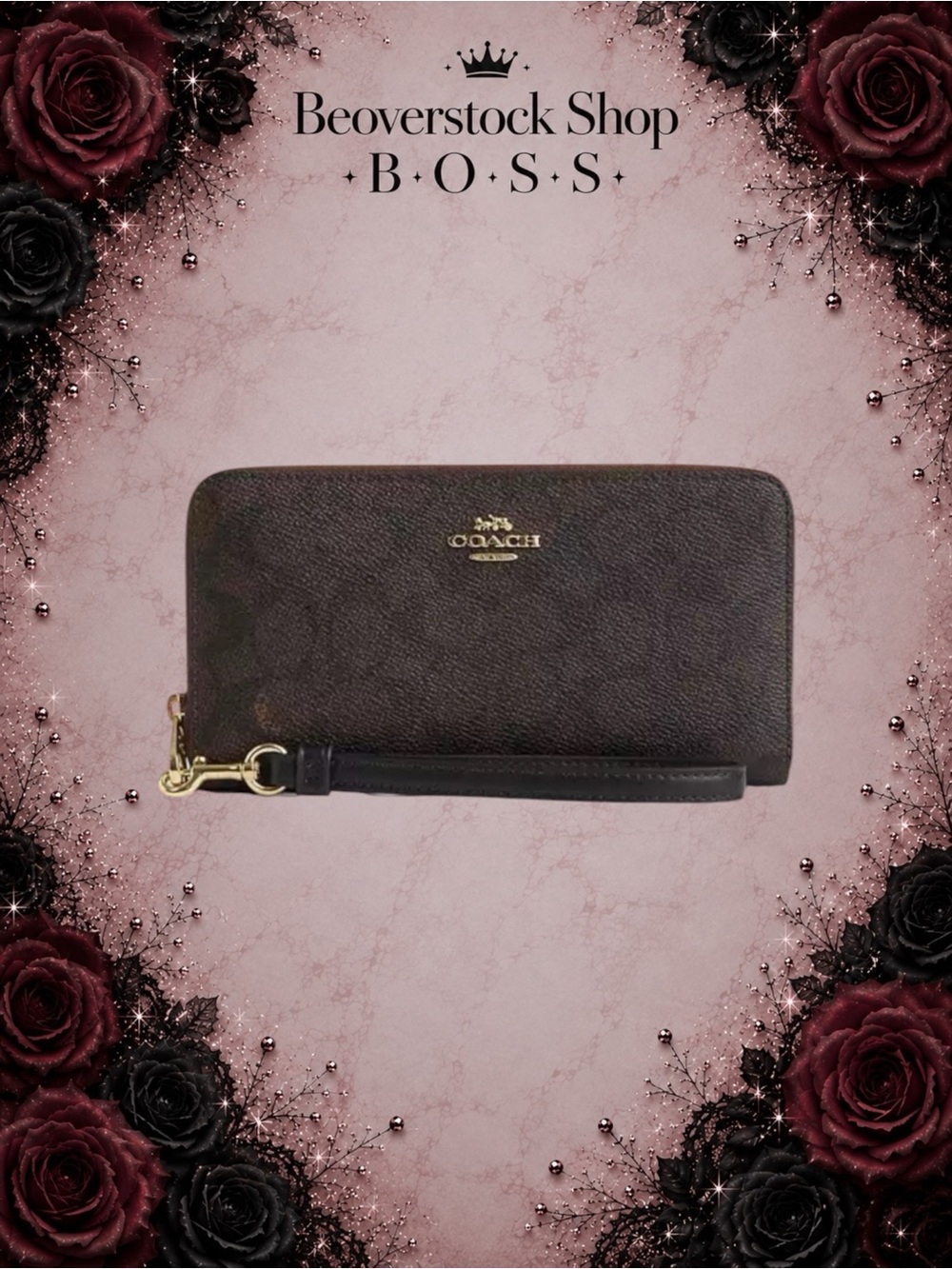 🔴NWT Coach Long Zip Around Wallet – Signature Canvas, Gold/Walnut/Black